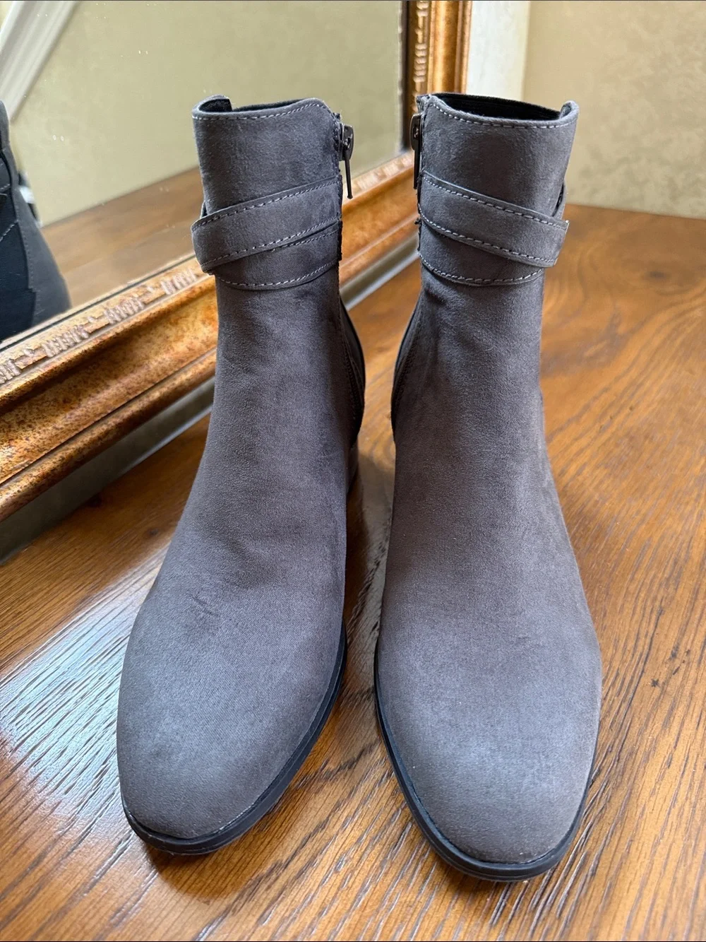 DKNY Gray Suede Ankle Booties with Logo strap accents. Size 7.